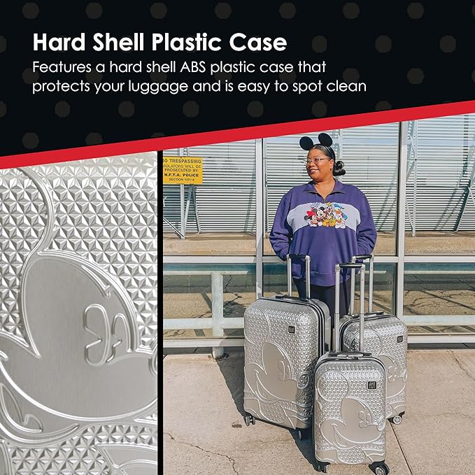 FUL Disney Mickey Mouse 3 Piece Rolling Luggage Set, Hardshell Suitcases with Spinner Wheels, 22/26/30 Inch, Silver