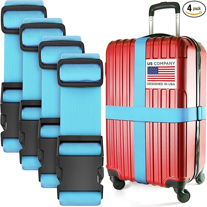 Luggage Straps for Suitcases - TSA Approved - Blue, 4 PK - Premium Nylon Belts for Suitcase, Briefcase & Travel Bag - Adjustable Strap Length 46" - 78"