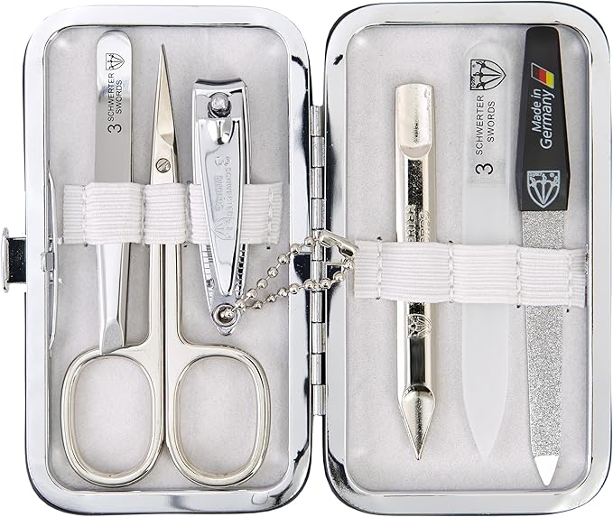 3 Swords Germany - Brand Quality 6 piece Manicure Pedicure Grooming kit Set - Scissors, Metal and Glass Nail File, Clipper, Tweezers with Synthetic Leather case - White