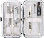 3 Swords Germany - Brand Quality 6 piece Manicure Pedicure Grooming kit Set - Scissors, Metal and Glass Nail File, Clipper, Tweezers with Synthetic Leather case - White