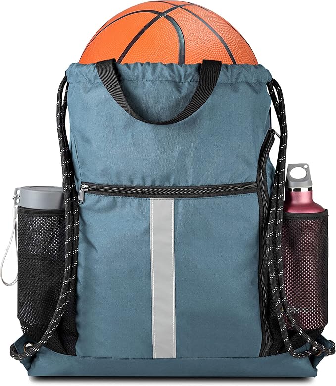 BeeGreen Blue Sport Cinch Bag String Backpack with Shoe Compartment and Two Side Mesh Pockets Machine Washable Sturdy Gymsack Drawstring Sackpack