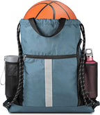 BeeGreen Blue Sport Cinch Bag String Backpack with Shoe Compartment and Two Side Mesh Pockets Machine Washable Sturdy Gymsack Drawstring Sackpack