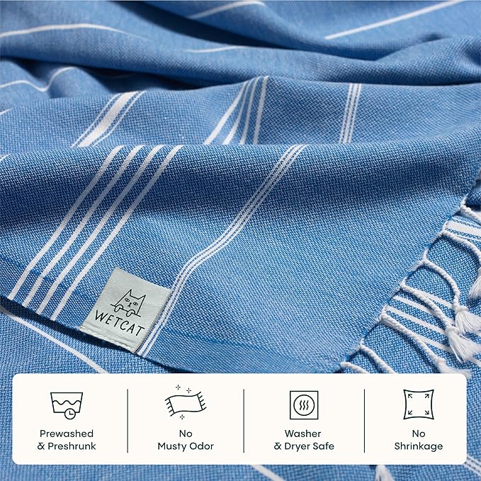 WETCAT Turkish Beach Blanket Sandproof (82"x82") 100% Turkish Cotton, Made in Turkey - Sand Free, Ultra Soft, Extra Large Throw for Picnic – Blue