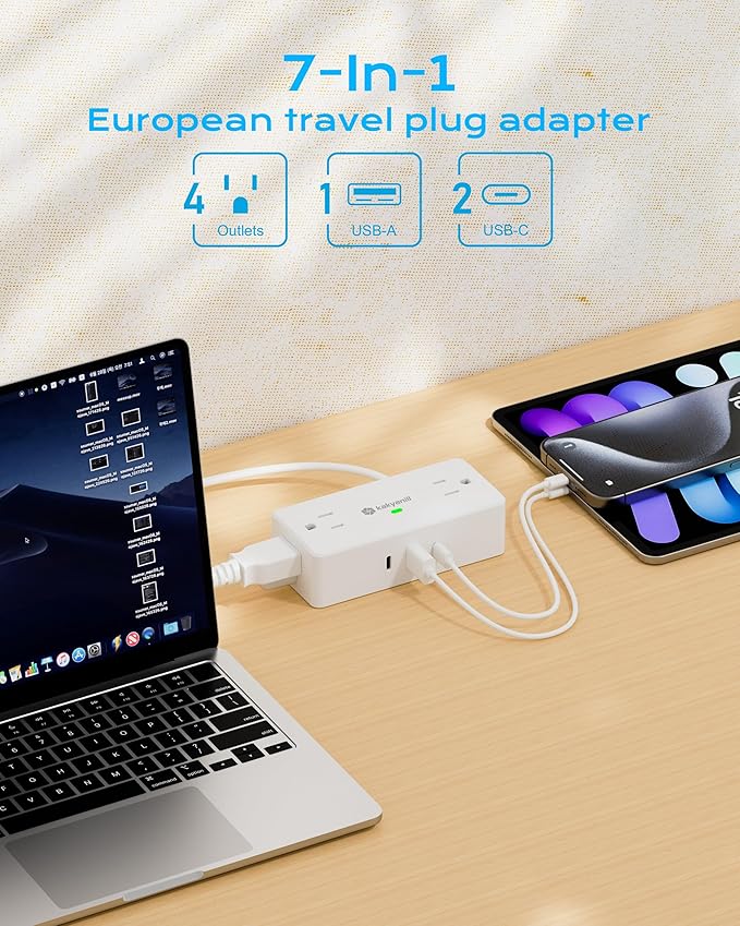 Kakyanill European Travel Plug Adapter, Italy Power Adapter, 4 AC Outlets, 3 USB Ports (2 USB C), 5ft Flat Extension Cord, for Italy Chile Libya