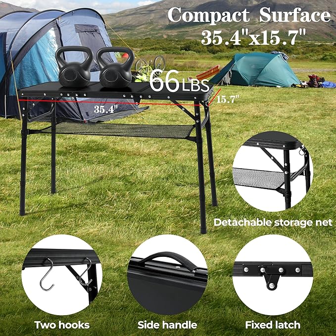 Folding Camping Table with Storage Net,3ft Portable Aluminum Folding Table with 3 Adjustable Height Max 27.3 Inch for Outdoor Backyard BBQ Picnic Cooking Tents Beach Indoor Bedroom（Silver）