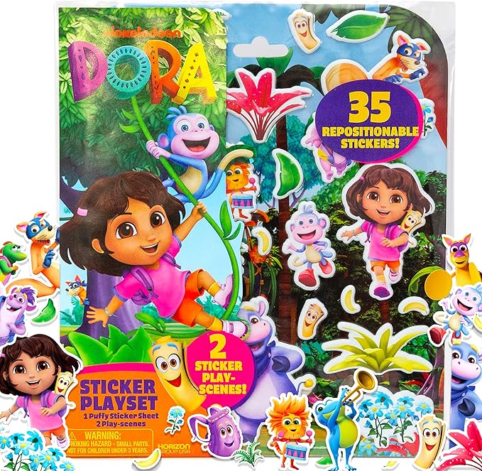 Dora Puffy Sticker Playset, 35 Reusable Stickers and 2 Play Scenes, Fun Kids Activities, Toddler Toys, Road Trip Essentials, Gifts for 4 Year Old Girl, Mess Free Airplane Toy