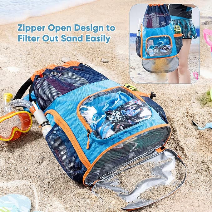 Mesh Drawstring Backpack with Shoe Compartment, Sandproof Beach Swim Bag with Wet Pocket, Pool Gym Shower Bag for Travel Summer Camp