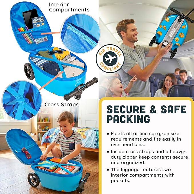 Sesame Street Cookie Monster Ride-On Scooter Suitcase for Kids – Hardside Lightweight Carry-On Luggage with Foldable Scooter & LED Wheels