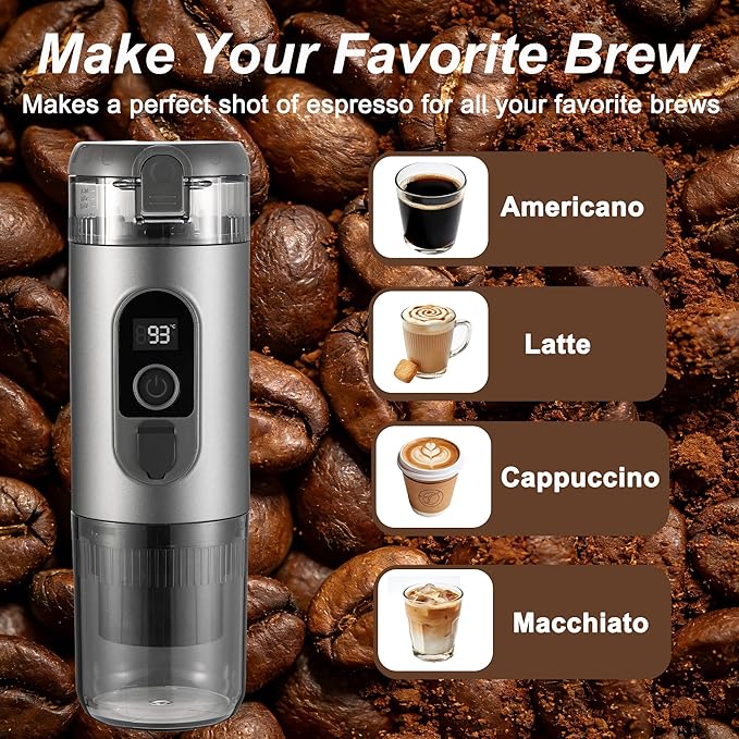 Portable Electric Espresso Machine Self-Heating Travel Coffee Maker 2-in-1 Compatible with Ground Coffee & NS Capsules for Camping, RV, Car, Hiking & Office, Gray