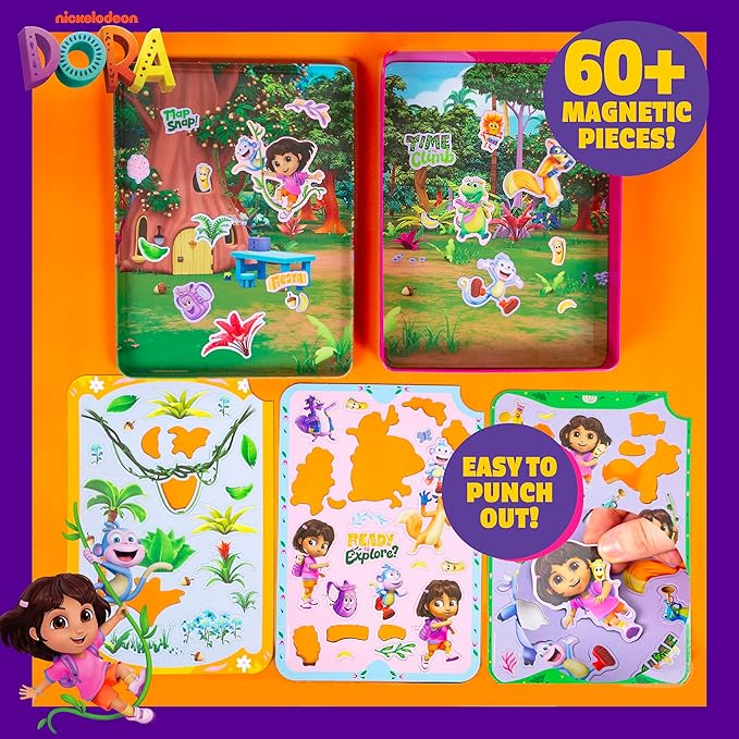 Dora Magnetic Playset, 75 Characters & Accessories, Reusable Storage Tin and Play Scene, Fun Toddler Toys, Mess Free Airplane Toy, Travel Games & Road Trip Essentials, 4 Year Old Girl Birthday Gifts