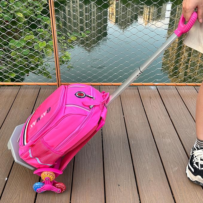 Rolling Backpack Cart for Travel, Commuting & Daily Use – Foldable Aluminum Trolley with Adjustable Handle, Lightweight All-Terrain Backpack Pull Trolley – Rose Pink, 3-Wheel Stair-Climbing