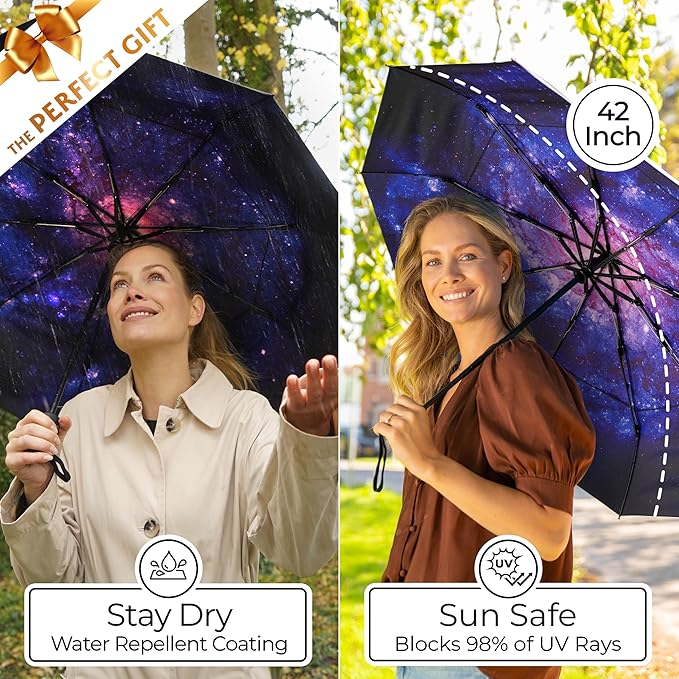 TUMELLA Strongest Windproof Travel Umbrella (Compact, Superior & Beautiful), Small, Wind-Tested, Light & Portable, Automatic Folding Rain Umbrella, Durable Premium Grip, Fits Car and Backpack