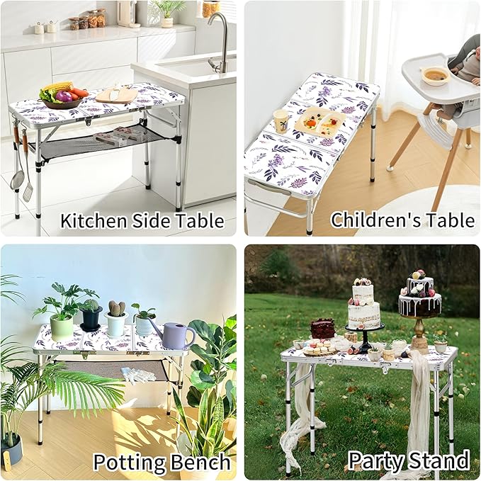 Yriuat Folding Camping Table 3ft Portable Pinic Table Adjustable Height Small Card Table Aluminum Foldable Lightweight with Carry Handle for Outdoor Indoor Hiking Camp BBQ Beach (Misty Lilac)