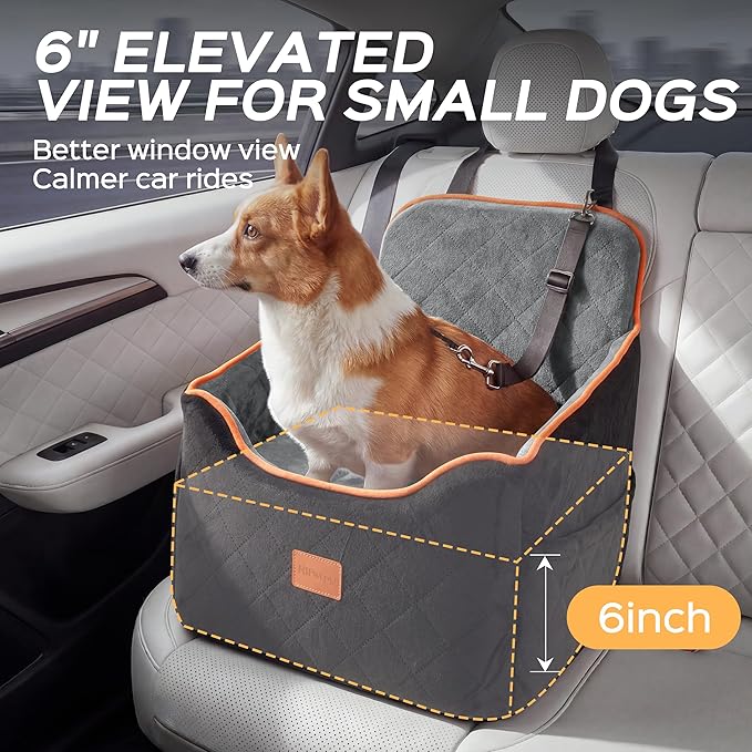 HiPetpy Dog Car Seat 6" Elevated Memory Foam Booster Seat for Small Medium Dogs Under 35 lbs with Pet Blanket, Washable Pet Car Seat with Safety Leash, Anti-Slip Base and Storage Pockets