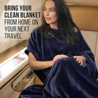 Kululu Travel Blanket and Pillow Set, Airplane Blanket Compact 2-in-1 Combo Set, Flight Essentials Poncho with Pocket, Pouch & Luggage Backpack Strap | Travelers Gifts Accessories 62"x45" (Space Blue)