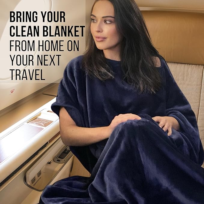 Kululu Travel Blanket and Pillow Set, Airplane Blanket Compact 2-in-1 Combo Set, Flight Essentials Poncho with Pocket, Pouch & Luggage Backpack Strap | Travelers Gifts Accessories 62"x45" (Space Blue)