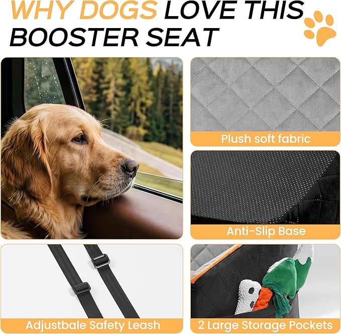 HiPetpy Dog Car Seat Elevated Memory Foam Booster Seat for Large Medium Dogs Under 55 lbs with Pet Blanket, Washable Pet Car Seat with Safety Leash, Anti-Slip Base and Storage Pockets