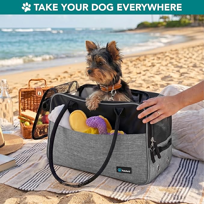 PetAmi Dog Purse Carrier for Small Dogs Cats, TSA Airline Approved Soft-Sided Pet Carrier with Pockets, Ventilated Travel Tote Bag with Bed & Shoulder Strap, Puppy Kitten, Max 12 lbs, Heather Grey