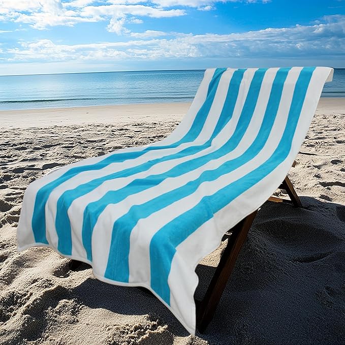COTTON CRAFT Oversized Beach Towel - 2 Pack 35 x 70 inches XL Beach Towel - 100% Cotton Velour - Big & Huge - Thick Plush 450 GSM Super Soft Luxury Towel - Pool Picnic Bath - Cabana Stripe Aqua