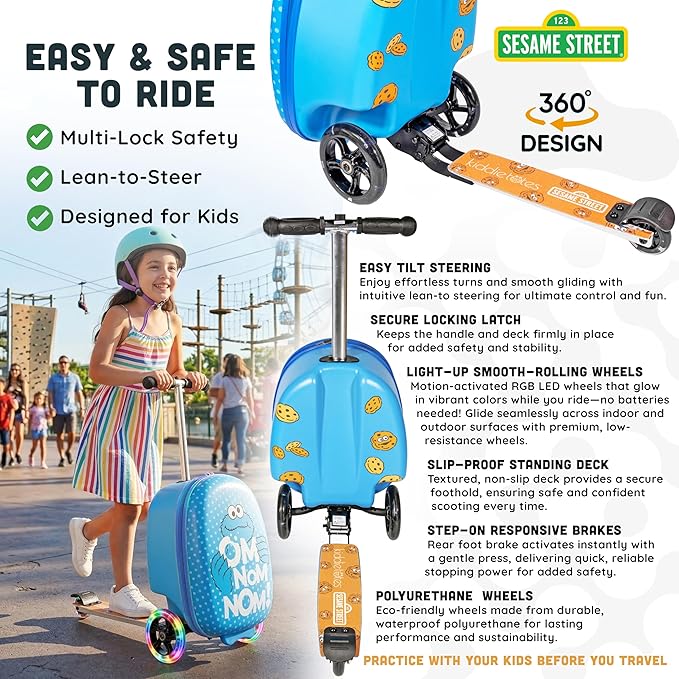 Sesame Street Cookie Monster Ride-On Scooter Suitcase for Kids – Hardside Lightweight Carry-On Luggage with Foldable Scooter & LED Wheels