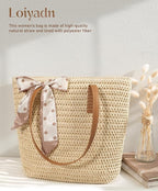 Beach Bags for Women - Straw Bag with Zipper, Soft Woven beach bag, Casual Straw Shoulder Bag for Daily Use
