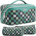 BOYATU Travel Makeup Bag Organizer Cosmetic Bag: 3 Pcs Set Make up Bags for Women with Handle - Waterproof Vegan Leather Toiletry Bag (01-H-Green)