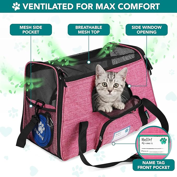 PetAmi Airline Approved Pet Carrier for Cats & Small Dogs, Soft Sided TSA Travel Carrier Bag Sherpa Bed, Breathable Mesh Ventilation, Collapsible Bowl, Fit Under Seat, Up to 18 lbs, Large Heather Pink