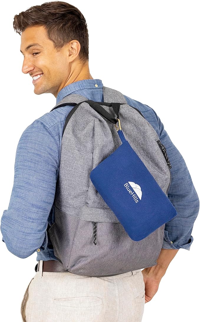 BlueHills Lightweight Travel Blanket Pillows Compact for Two Airplane Traveling Essentials Flight Throws in Bag case with Backpack Clip Compact Large Plane Accessories – Gray and Navy Blue