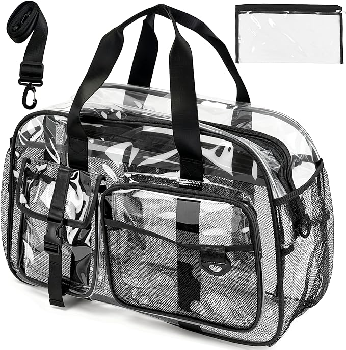 Large Clear Tote Bag 20” for Duffle with 10 Pockets, Clear Beach Gym Crossbody Bag, Big Transparent See Through Bags for Travel Work