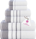 CASA COPENHAGEN White Bay 6Pcs 100% Egyptian Cotton Large Designer Towels Gift Set- White - Dark Grey, 600GSM, 2Bath 2Hand 2Washcloths, Bath Towels for Bathroom Set for Women & Men