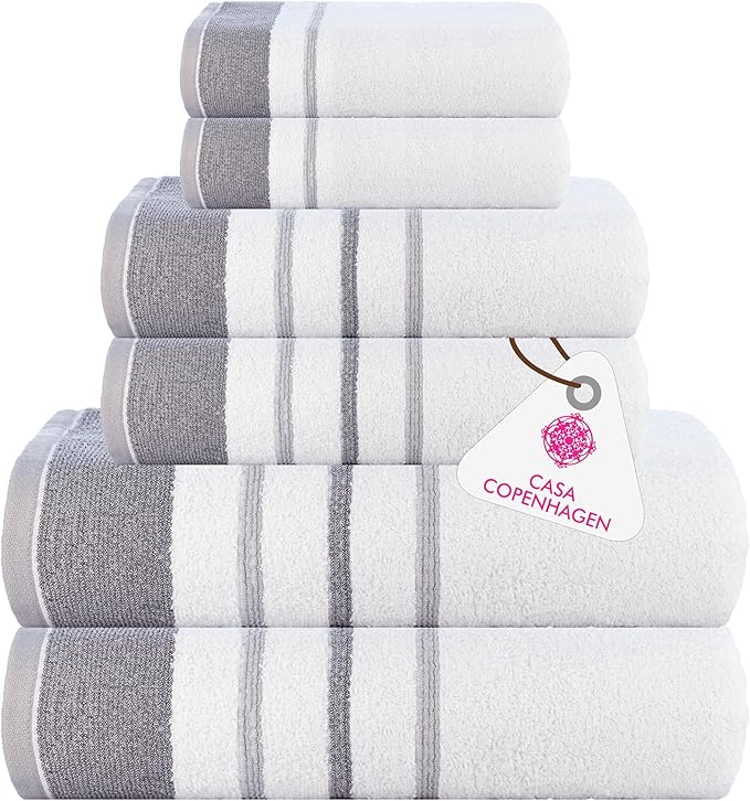 CASA COPENHAGEN White Bay 6Pcs 100% Egyptian Cotton Large Designer Towels Gift Set- White - Dark Grey, 600GSM, 2Bath 2Hand 2Washcloths, Bath Towels for Bathroom Set for Women & Men