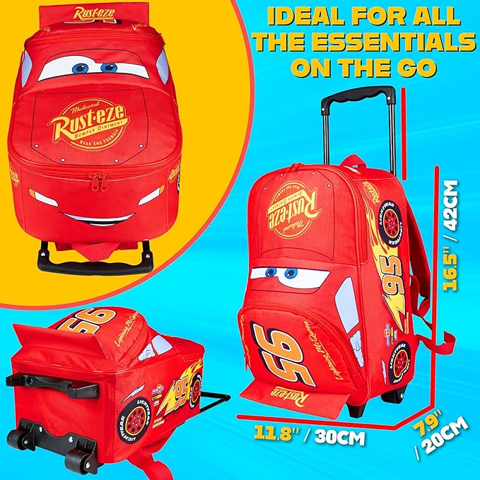 Disney Cars Lightning McQueen Carry-On Luggage with Wheels & Telescopic Handle for Kids 17”– 18.5L, Lightweight Travel Bag for Boys & Girls, Trips & Vacation Gifts