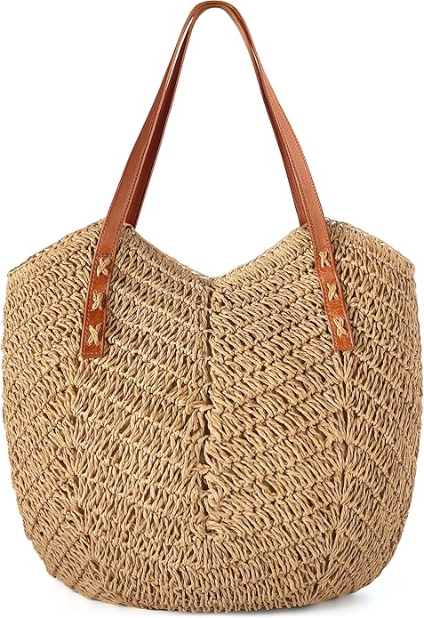 Beach Bags for Women - Straw Bag with Zipper, Soft Woven beach bag, Casual Straw Shoulder Bag for Daily Use