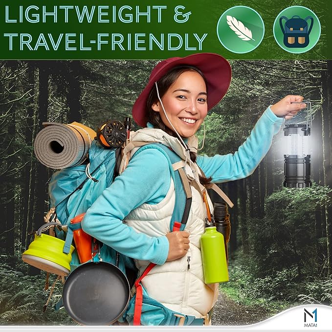 Mata1-USA LED Camping Lantern (Black), Emergency Light for Power Outages, Long-Lasting Battery-Powered Light w/ 3 Adjustable Brightness Levels, Collapsible Lamp for Indoor & Outdoor Use