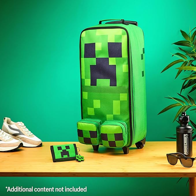 Minecraft Kids Foldable Trolley Bag 25”, 17L Luggage with Wheels, Creeper - Gamer Travel Essentials, Gifts for Kids