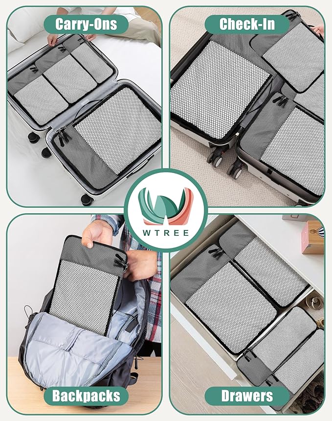 WTREE 4-Piece Packing Cubes Travel Accessories Set for Suitcases - Luggage Organizer Bags with Double Zipper - Mesh Top - Small/Medium/Large/Slim - Dark Grey
