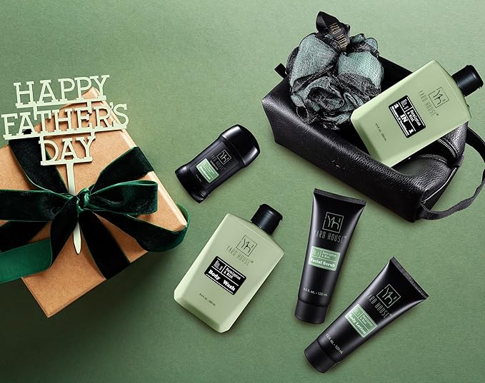 Yard House Mens Luxury Bath and Body Gift Set For Him - Skin Care Kit in Eucalyptus and Mint - Fathers Day Birthday Christmas Gifts Ideas For Men - 7Pcs Set w. Full Size Items in Leather Toiletry Bag
