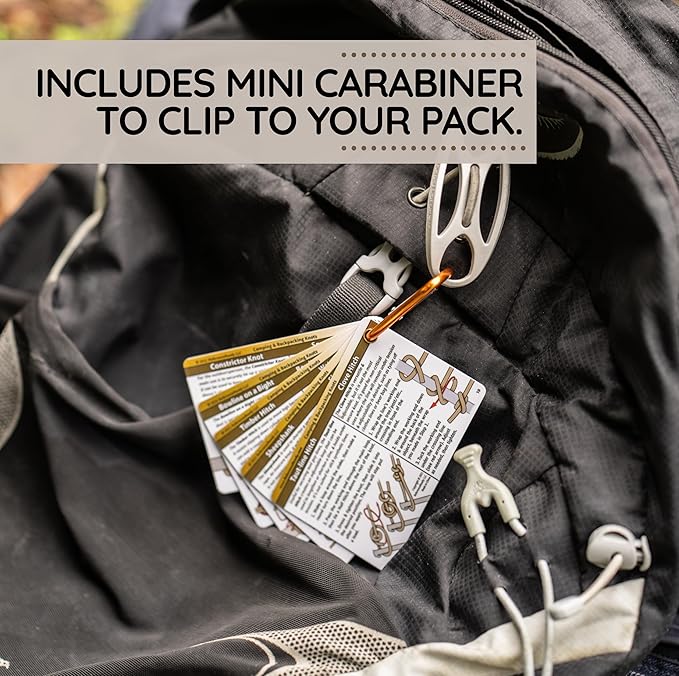 ReferenceReady Outdoor Knots Pocket Guide - Waterproof Knot Tying Cards with Mini Carabiner, 22 Rope Knots for Camping, Backpacking, Scouting and Wilderness Survival