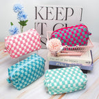 PAZIMIIK Checkered Makeup Bag for Purse Portable Zipper Make Up Pouch Small Cosmetic Case for Travel Accessories (2PCS Magenta Green)