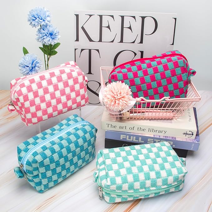 Checkered Makeup Bag for Purse Portable Zipper Make Up Pouch Small Cosmetic Case for Travel Accessories Pink White