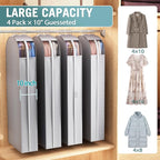 Liuoud 10" Gusseted Garment Bags for Hanging Clothes with clear window, 60" Suit Bags for Open Closet Storage, Clothing Cover for Coat, Dress, Jacket, Shirt, Fur Wardrobe Protector, 4 Packs