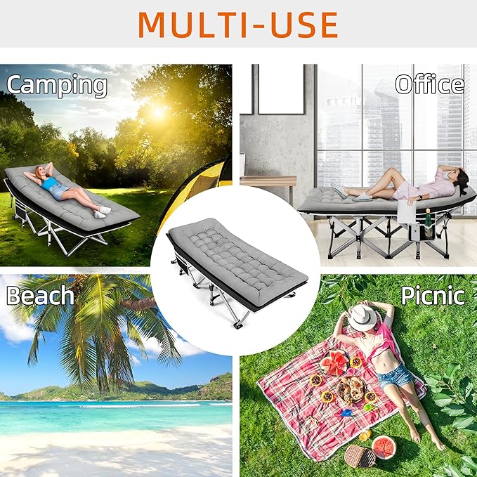 Fragess Portable Camping Cot, Sleeping Cots for Adults, 28" Extra Wide Folding Cot Max Load 600LBS with Thick Mattress, Portable Camping Bed for Outdoor Camp/Office, Home Nap (Black+Grey)