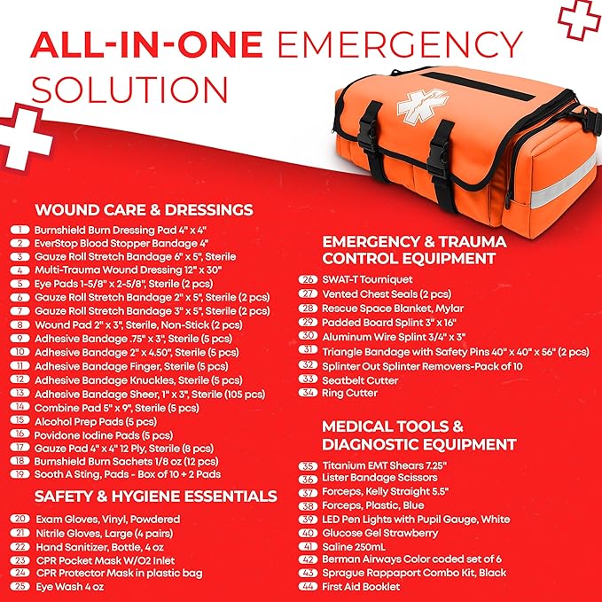Fully Stocked EMT Trauma Bag – Tactical First Responder Medical Kit with Tourniquet, Chest Seals, Bleeding Control, Gauze, Shears & Bandages – Orange