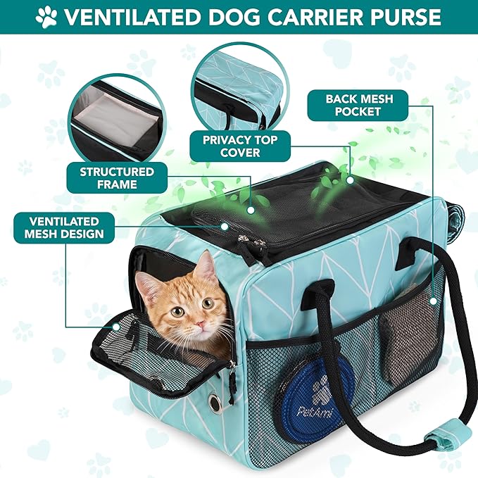 PetAmi Dog Purse Carrier for Small Dogs Cats, TSA Airline Approved Soft-Sided Pet Carrier with Pockets, Ventilated Travel Tote Bag with Bed & Shoulder Strap, Puppy Kitten, Max 12 lbs, Chevron Teal