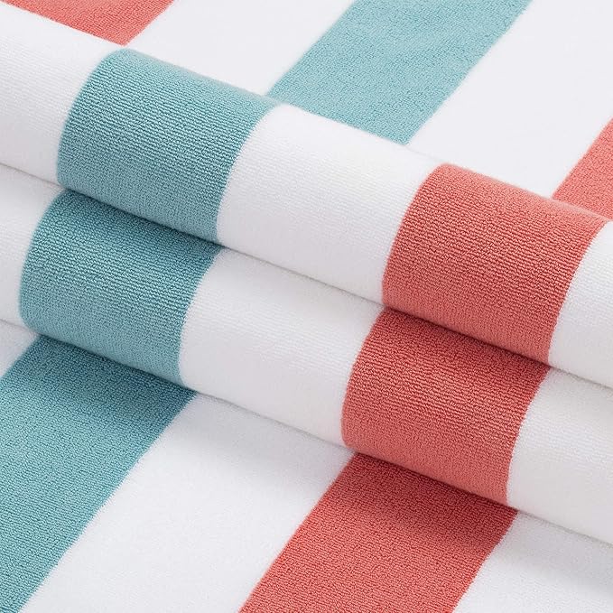 Laguna Beach Textile Co. Striped Cabana Beach Towel - Oversized, Plush 630 GSM Cotton - Coral Orange & Sea Glass Green