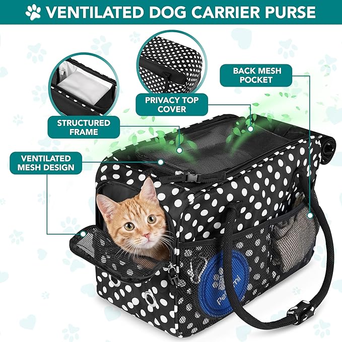 PetAmi Dog Purse Carrier for Small Dogs Cats, TSA Airline Approved Soft-Sided Pet Carrier with Pockets, Ventilated Travel Tote Bag with Bed & Shoulder Strap, Puppy Kitten, Max 12 lbs, Polka Dot Black