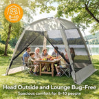 12 × 12ft Camping Screen Tent for 8-10 People, Easy Setup House Tent with 8 Ground Stakes & 4 Windproof Ropes, Portable Screened Canopy with Mosquito Net for Outdoor, Patios, Backyard, Beige