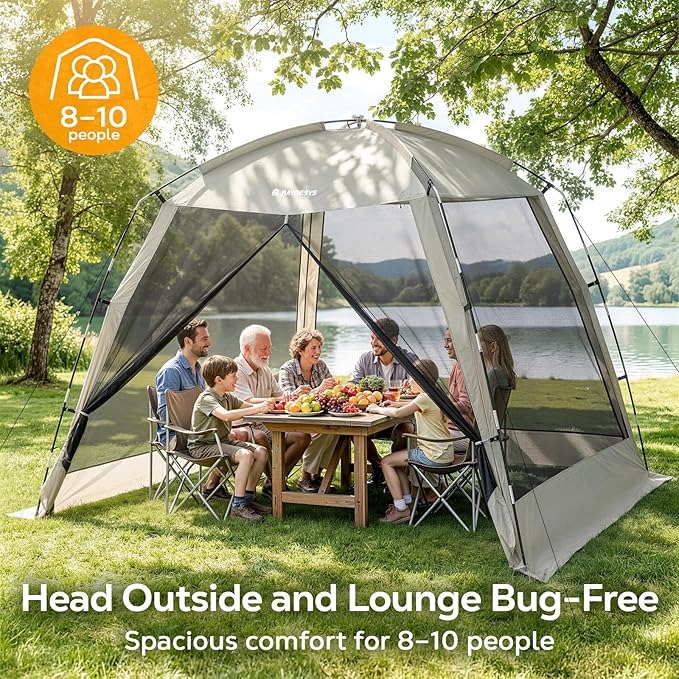 12 × 12ft Camping Screen Tent for 8-10 People, Easy Setup House Tent with 8 Ground Stakes & 4 Windproof Ropes, Portable Screened Canopy with Mosquito Net for Outdoor, Patios, Backyard, Beige