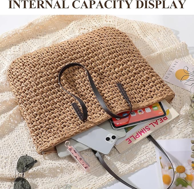 Trifabricy Beach Bags for Women, Large Beach Bag, Woven Straw Tote Bags Waterproof, Weaving Swim Shopping Travel Bag