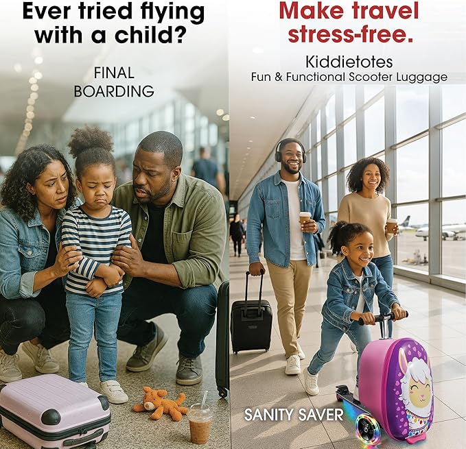 KIDDIETOTES Ride-On Scooter Suitcase for Kids – Hardside Lightweight Carry-On Luggage with Foldable Scooter, LED Wheels, Travel Fun for Toddlers & Children